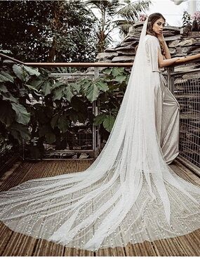 Long Cathedral Length Pearl Wedding Bridal Veil white